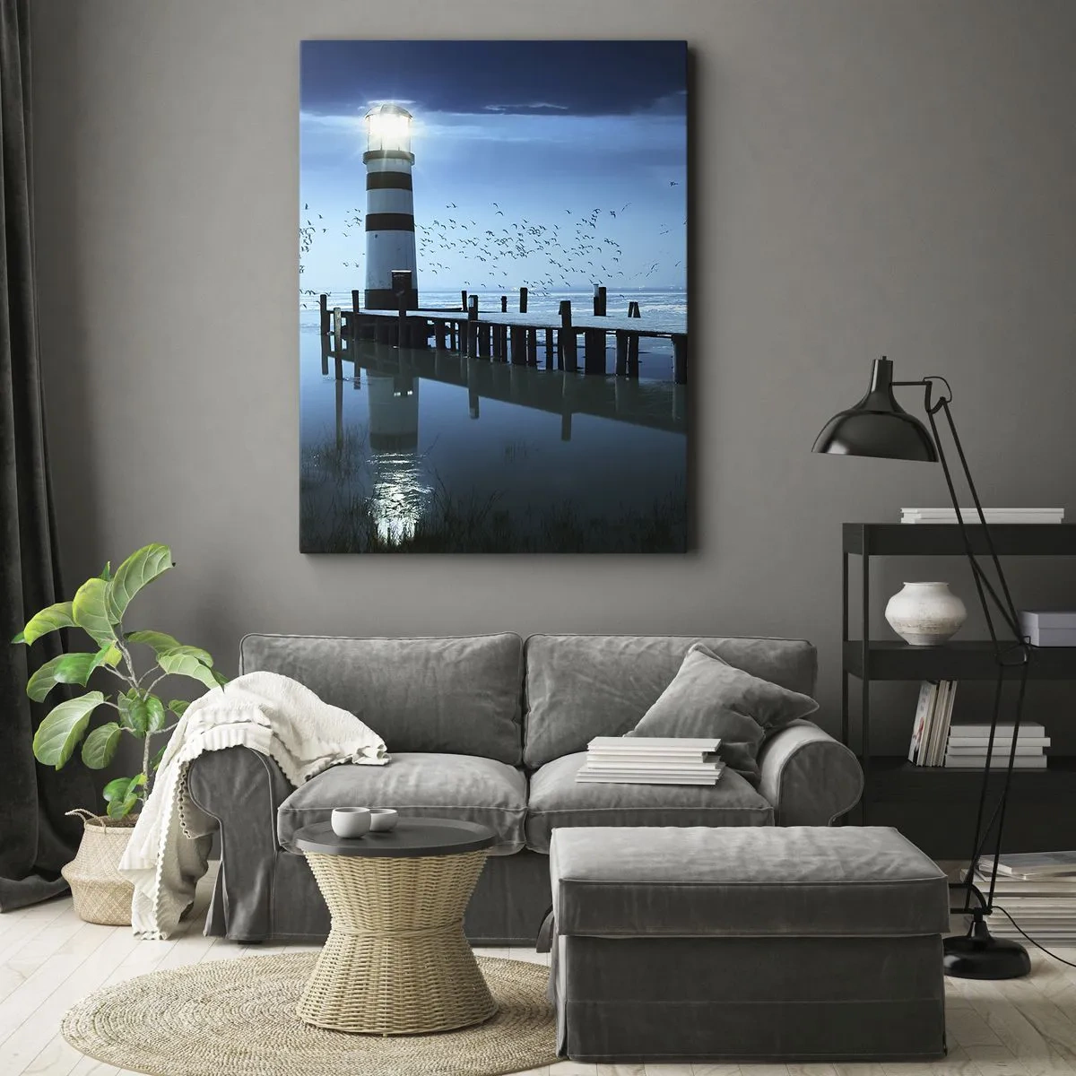 Quadro su tela - Stampe su Tela - Il faro sul molo illuminato di notte - 50x70cm - E passa la paura del buio - Decorazione murale moderna per soggiorno e camera da letto ARTTOR