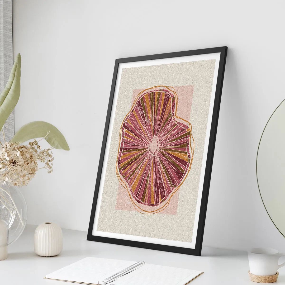 Poster in cornice nera - Sezione trasversale astratta di un albero nelle tonalità del rosa e del marrone. - 50x70cm - Astrazione raggiante - Decorazione murale moderna per soggiorno e camera da letto ARTTOR