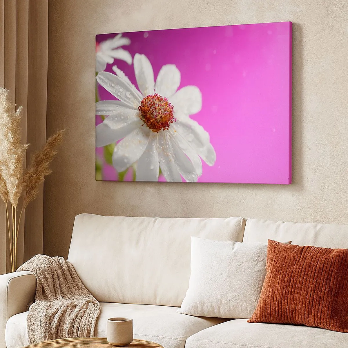Quadro su tela - Stampe su Tela - Una margherita bianca ricoperta di gocce d'acqua su uno sfondo rosa - 70x50cm - Modesto nella sua bellezza - Decorazione murale moderna per soggiorno e camera da letto ARTTOR