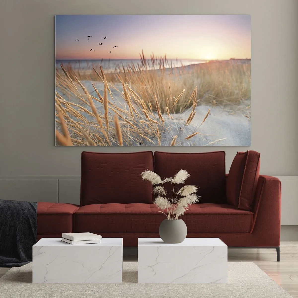 Quadro su vetro - Una spiaggia con l'erba e il sole che tramonta sul mare - 70x50cm - Ninna nanna baltica - Decorazione murale moderna per soggiorno e camera da letto ARTTOR