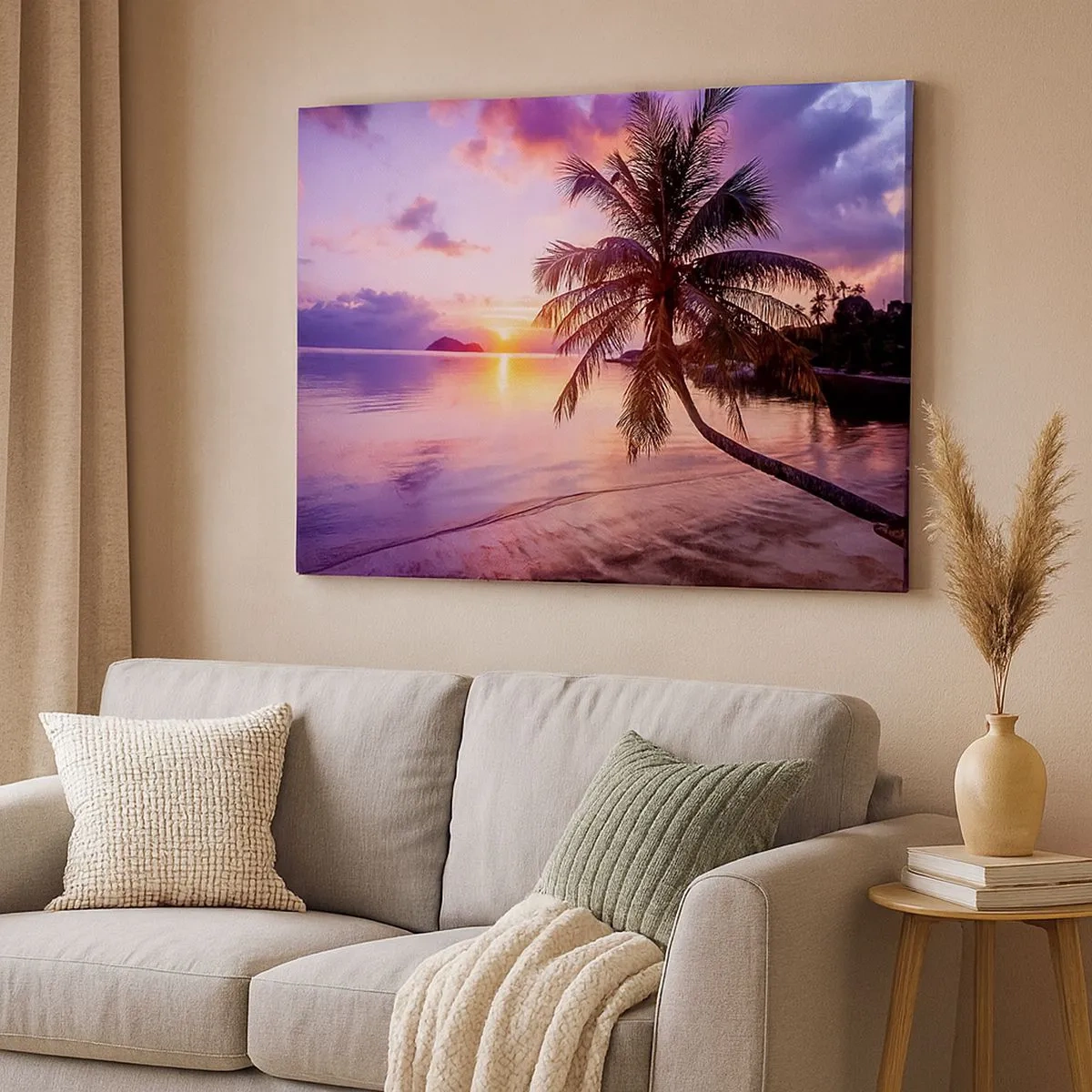 Quadro su tela - Stampe su Tela - Spiaggia tropicale con palme al tramonto - 70x50cm - Beatitudine a perdita d'occhio - Decorazione murale moderna per soggiorno e camera da letto ARTTOR