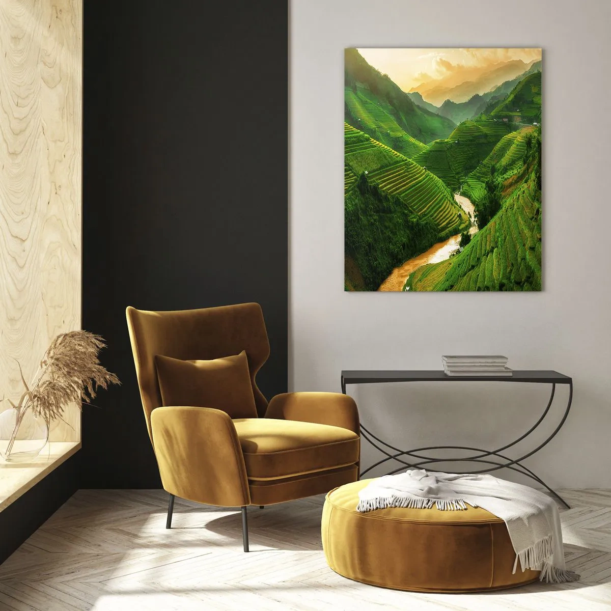 Quadro su vetro - Pittoresche terrazze di riso in una valle verde illuminata dal sole al tramonto - 80x120cm - Valle del Vietnam - Decorazione murale moderna per soggiorno e camera da letto ARTTOR