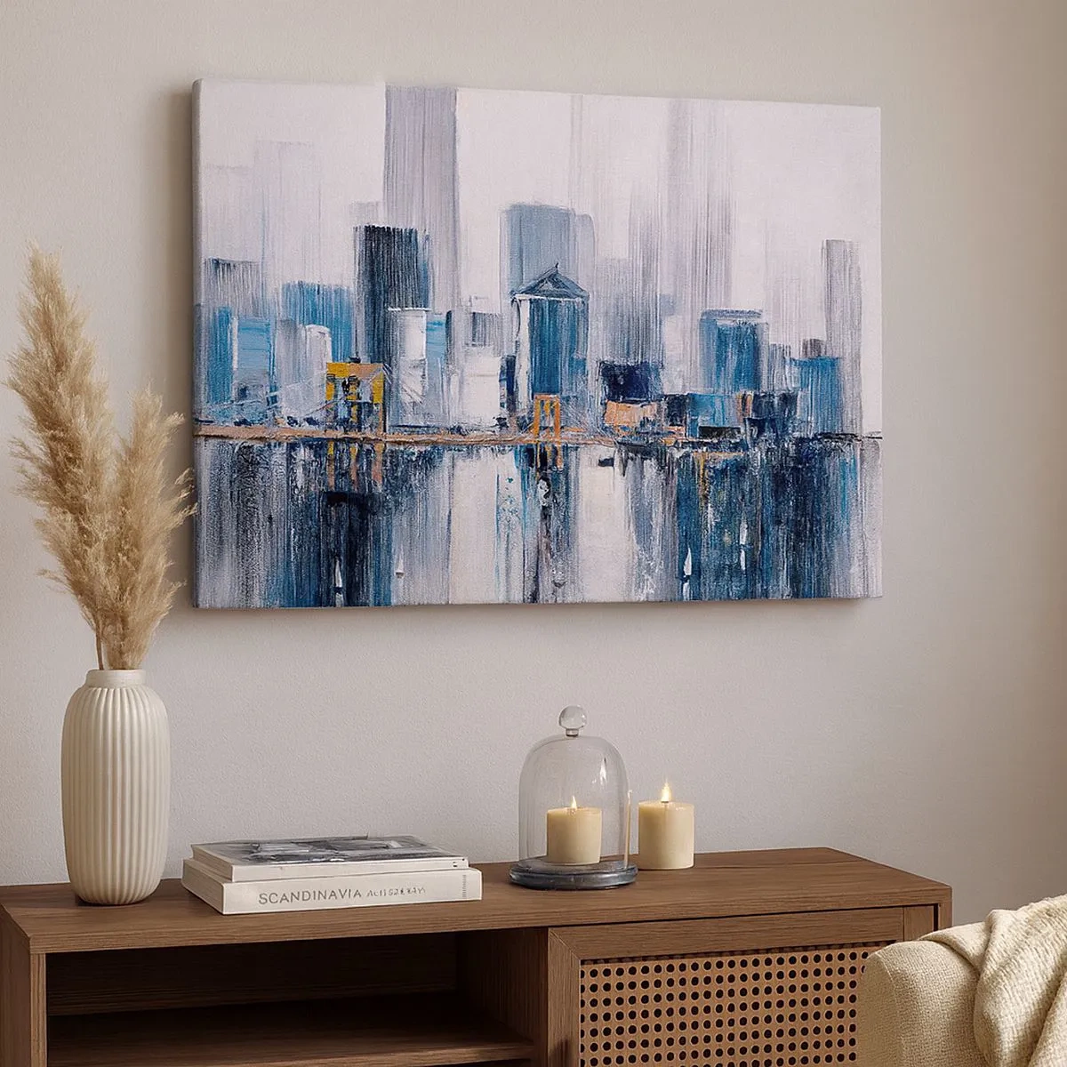 Quadro su tela - Stampe su Tela - Panorama urbano astratto con sfumature di blu e giallo - 70x50cm - Impressione di New York - Decorazione murale moderna per soggiorno e camera da letto ARTTOR