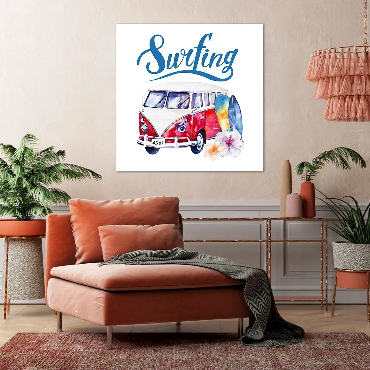 Quadro su tela - Stampe su Tela - In pulmino a fare surf - 40x40 cm
