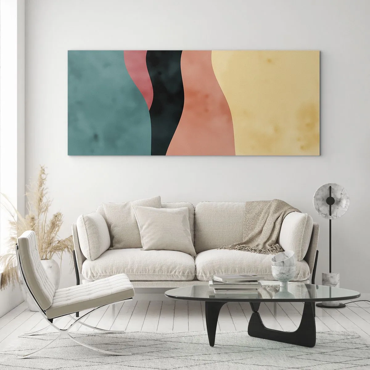 Quadro su vetro - Onde astratte in colori pastello - 160x50cm - Difformità conforme - Decorazione murale moderna per soggiorno e camera da letto ARTTOR