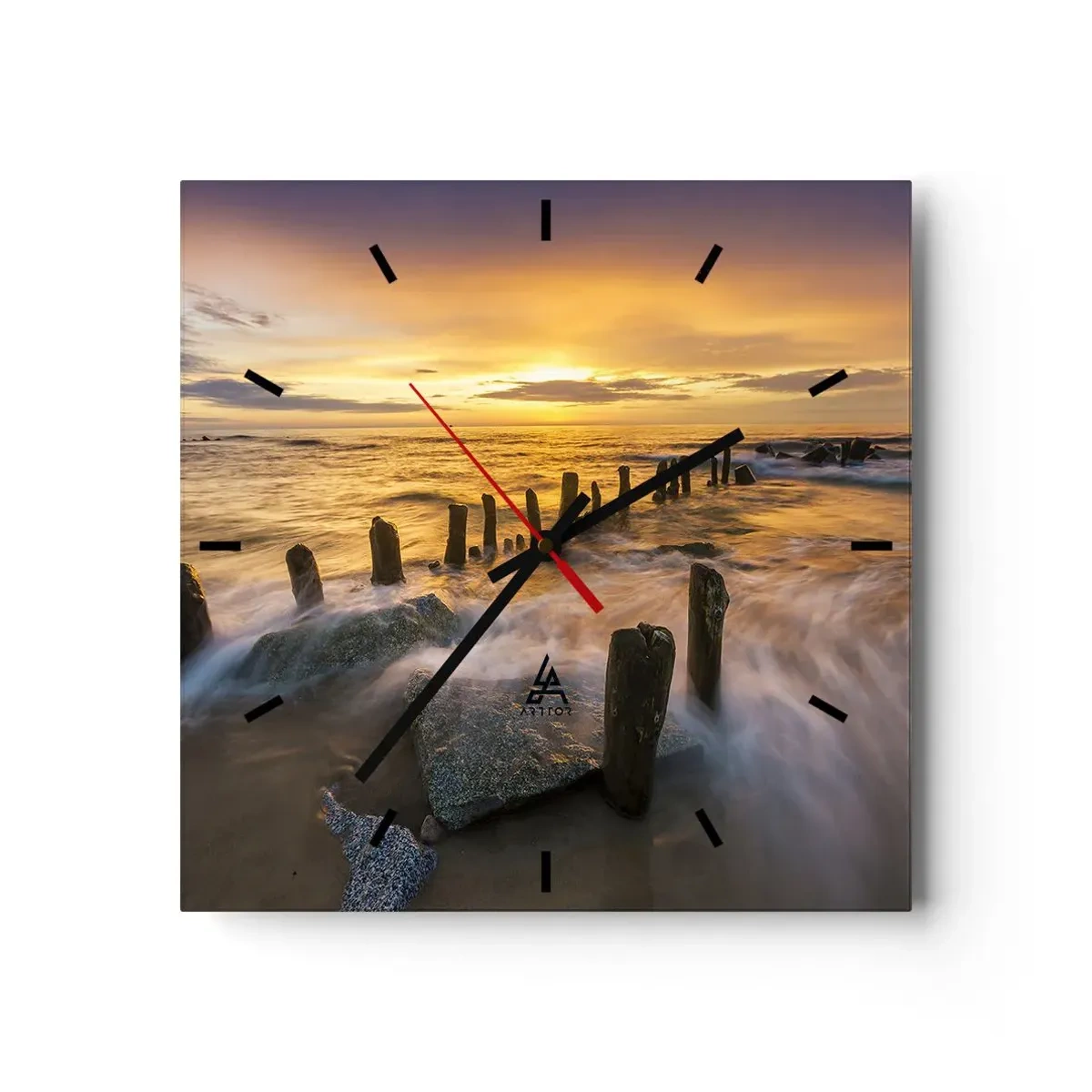 Orologio da parete - Orologio in Vetro - Tramonto sul mare con i resti di un vecchio molo - 30x30cm - La bellezza selvatica del Baltico - Decorazione murale moderna per soggiorno e camera da letto ARTTOR