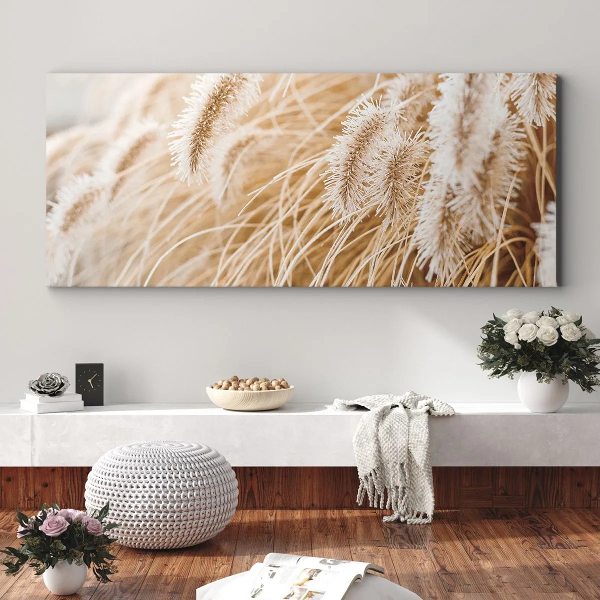 Quadro su tela - Stampe su Tela - Primo piano di erbe dorate e delicate alla luce del sole - 120x50cm - Il fruscio dorato dell'erba - Decorazione murale moderna per soggiorno e camera da letto ARTTOR