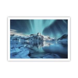 Poster - Aurora boreale su montagne innevate e un lago - 100x70cm - Notte di luce - Decorazione murale moderna per soggiorno e camera da letto ARTTOR