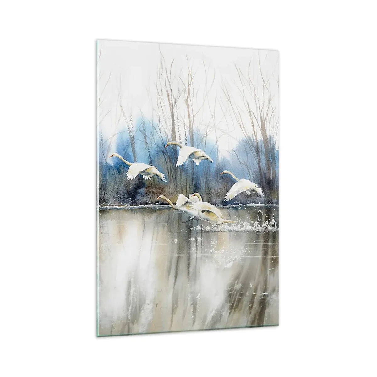 Quadro su vetro - Cigni in volo sopra un lago ghiacciato in un paesaggio invernale - 80x120cm - Come la favola dei cigni selvatici - Decorazione murale moderna per soggiorno e camera da letto ARTTOR