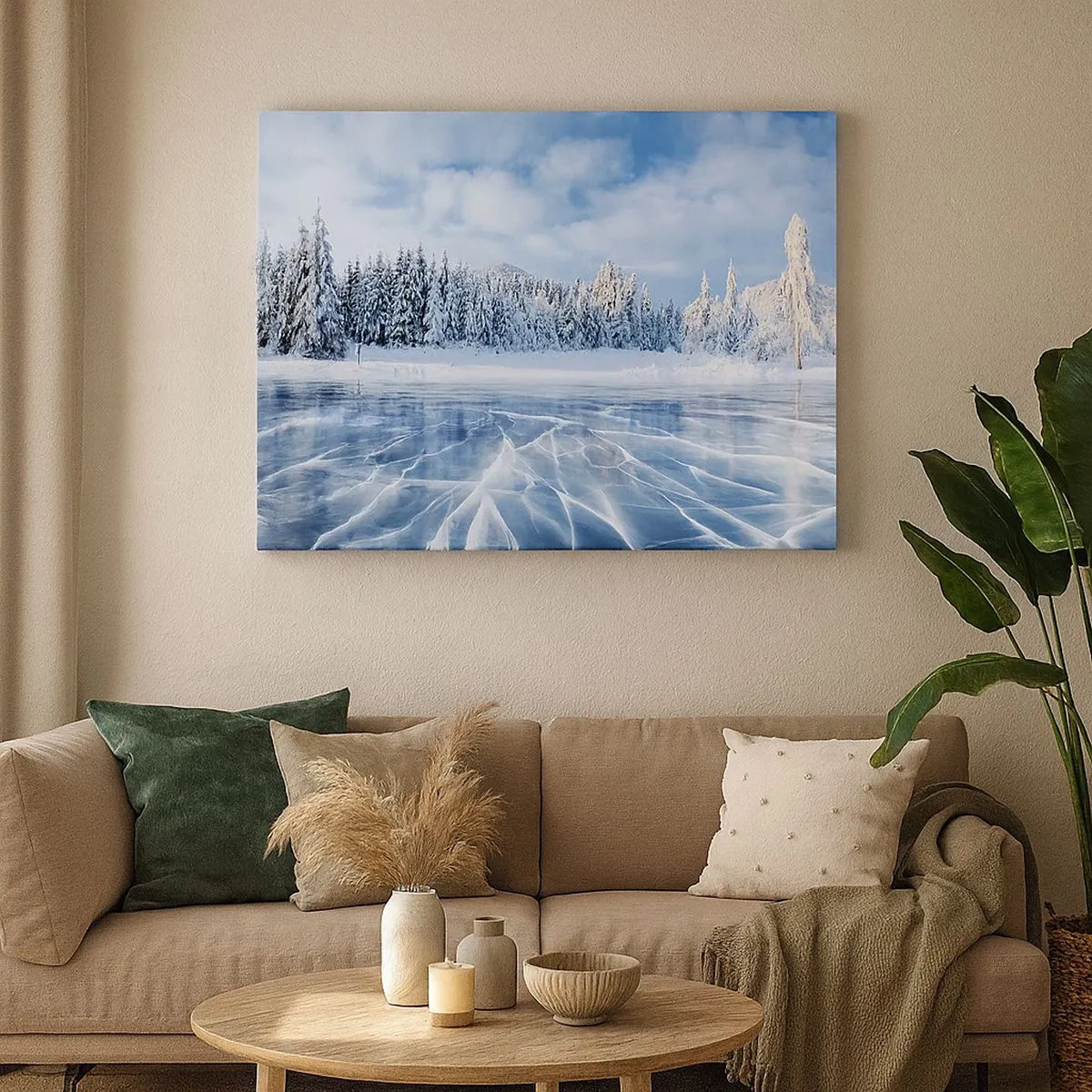 Quadro su tela - Stampe su Tela - Un lago ghiacciato circondato da una foresta innevata - 70x50cm - Vista lucente e cristallina - Decorazione murale moderna per soggiorno e camera da letto ARTTOR