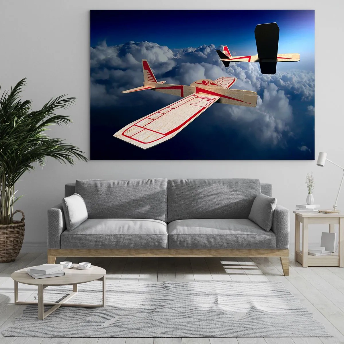 Quadro su vetro - Modellini di aeroplani che planano tra le nuvole - 100x70cm - Più in alto, più lontano - Decorazione murale moderna per soggiorno e camera da letto ARTTOR