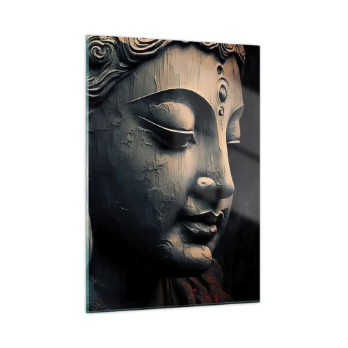 Quadro su vetro - Profilo di una figura in meditazione con un fiore rosso su uno sfondo scuro. - 50x70cm - In armonia con il mondo - Decorazione murale moderna per soggiorno e camera da letto ARTTOR