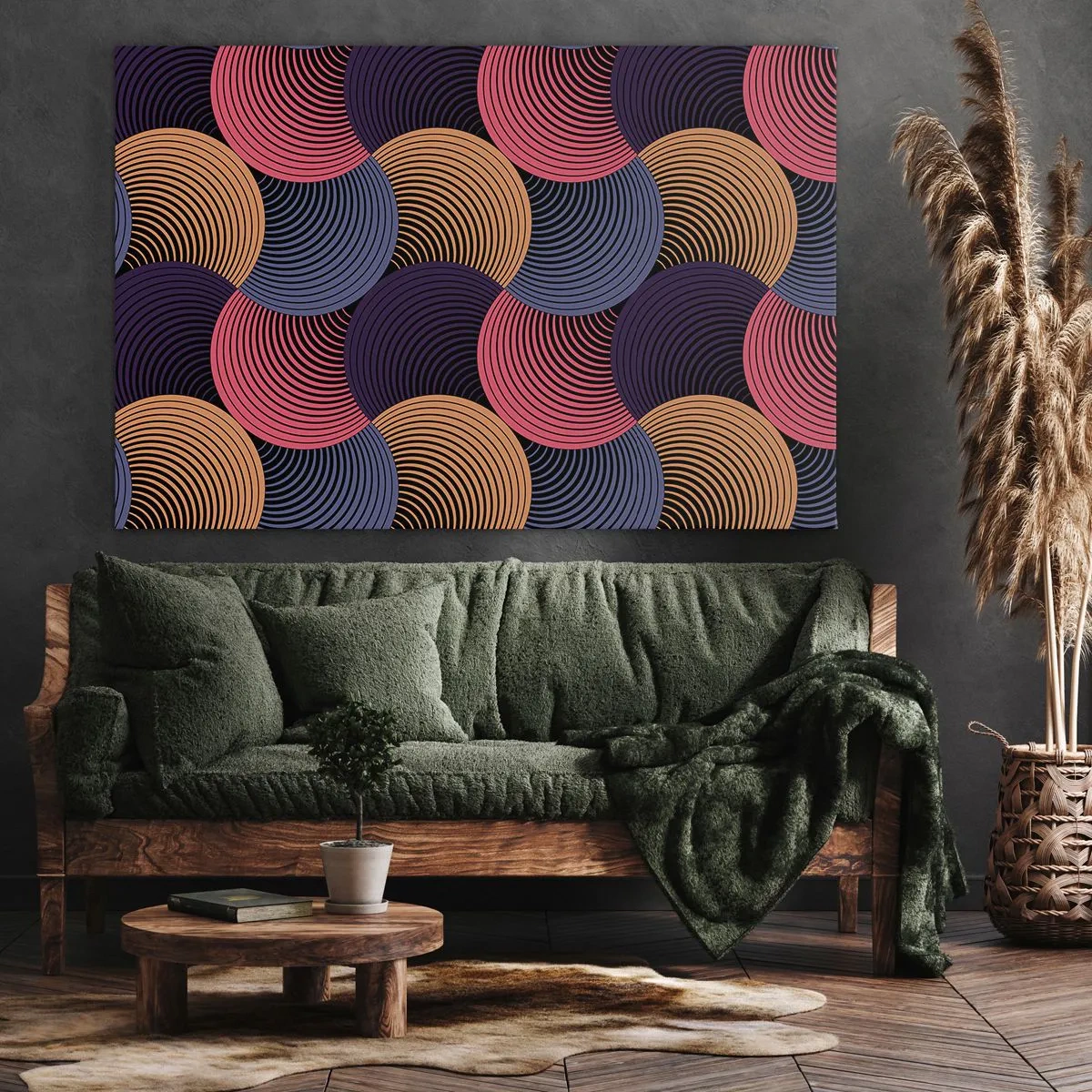 Quadro su tela - Stampe su Tela - Cerchi geometrici nelle tonalità del rosa, viola e oro - 100x70cm - Al ritmo delle sfere - Decorazione murale moderna per soggiorno e camera da letto ARTTOR