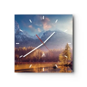Orologio da parete - Orologio in Vetro - Vista pittoresca della foresta di montagna e del lago all'alba - 30x30cm - Sui monti e nelle valli - Decorazione murale moderna per soggiorno e camera da letto ARTTOR