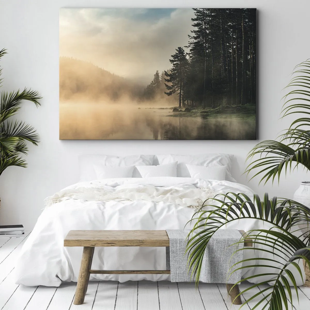 Quadro su tela - Stampe su Tela - Una foresta nebbiosa sopra un lago calmo - 70x50cm - La nascita del giorno - Decorazione murale moderna per soggiorno e camera da letto ARTTOR