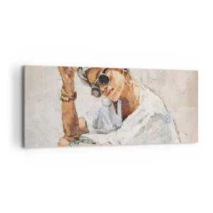 Quadro su tela - Stampe su Tela - Ritratto di una donna che indossa occhiali da sole contro una parete chiara - 120x50cm - Ritratto in pieno sole - Decorazione murale moderna per soggiorno e camera da letto ARTTOR