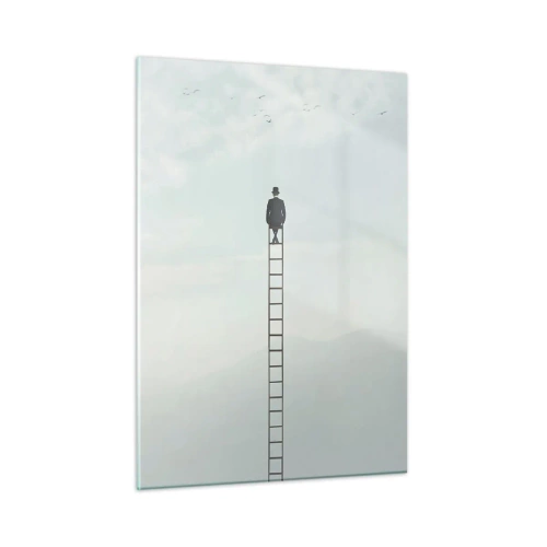 Quadro su vetro - Sagoma di un uomo in cima a una scala tra le nuvole - 50x70cm - Innalzati al di sopra - Decorazione murale moderna per soggiorno e camera da letto ARTTOR