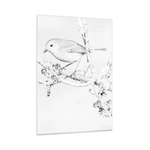 Quadro su vetro - Un uccello appollaiato su un ramo in una scena invernale monocromatica. - 50x70cm - Mattino invernale - Decorazione murale moderna per soggiorno e camera da letto ARTTOR
