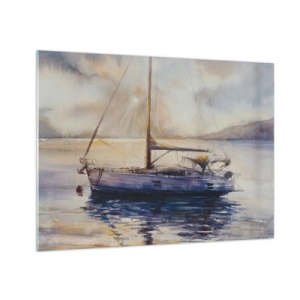Quadro su vetro - Uno yacht ormeggiato in una baia tranquilla al tramonto - 70x50cm - La sera nel golfo - Decorazione murale moderna per soggiorno e camera da letto ARTTOR