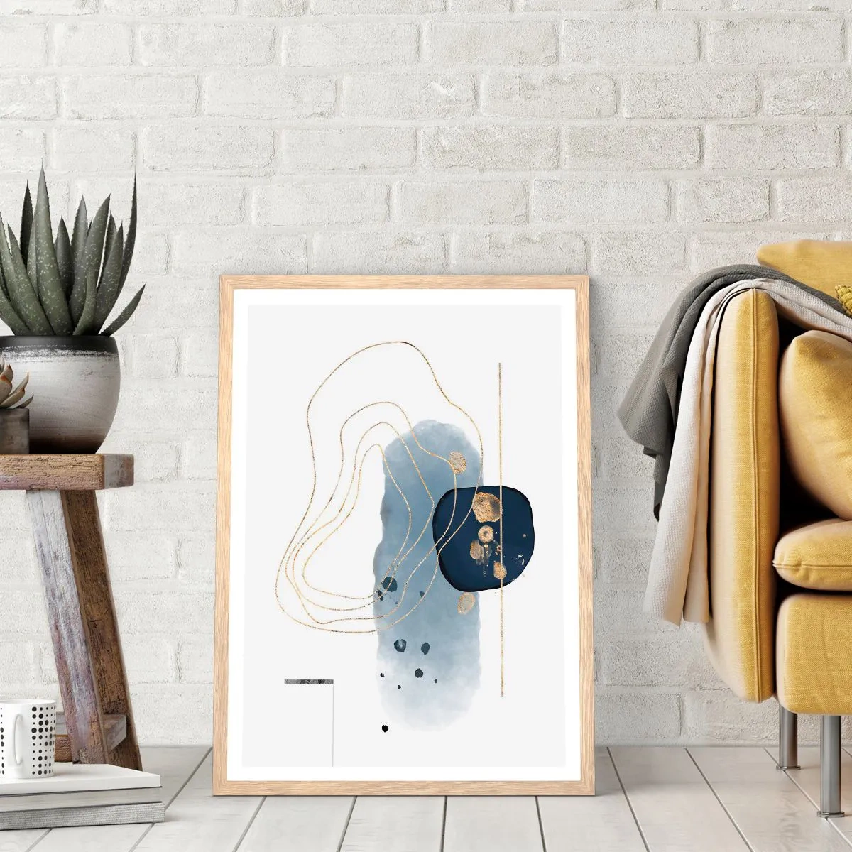 Poster in cornice rovere chiaro - Fantasia blu e oro - 70x100 cm