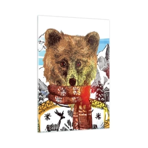 Quadro su vetro - Un orso con un maglione e una sciarpa con una casa di montagna sullo sfondo - 80x120cm - La capanna dell'orso - Decorazione murale moderna per soggiorno e camera da letto ARTTOR