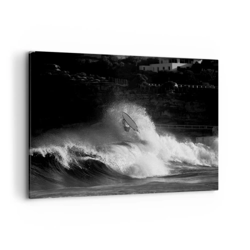 Quadro su tela - Stampe su Tela - Un surfista che cavalca un'onda in bianco e nero - 100x70cm - Sfida accettata! - Decorazione murale moderna per soggiorno e camera da letto ARTTOR