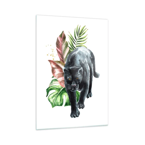 Quadro su vetro - Pantera nera su uno sfondo di foglie tropicali in stile acquerello - 50x70cm - Cuore selvaggio - Decorazione murale moderna per soggiorno e camera da letto ARTTOR