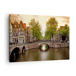 Quadro su tela - Stampe su Tela - Un canale di Amsterdam circondato da case popolari storiche - 70x50cm - In barca o in bicicletta? - Decorazione murale moderna per soggiorno e camera da letto ARTTOR