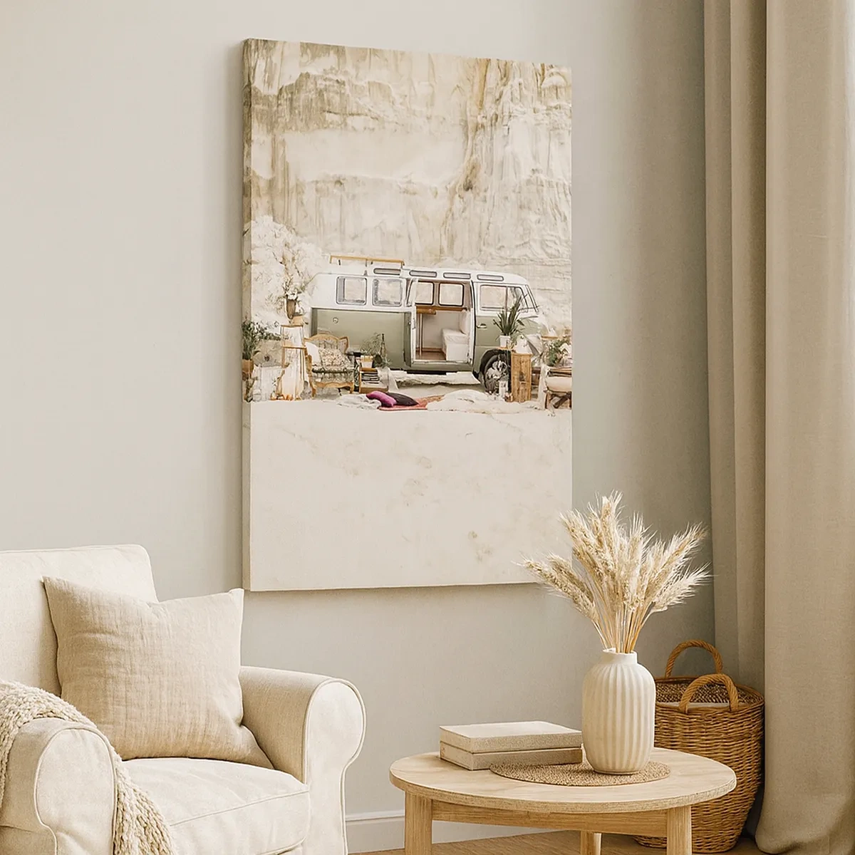 Quadro su tela - Stampe su Tela - Un camper retrò dal design boho sullo sfondo di un paesaggio roccioso. - 50x70cm - è tempo di viaggiare - Decorazione murale moderna per soggiorno e camera da letto ARTTOR