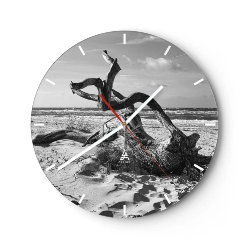 Orologio da parete - Orologio in Vetro - Un paesaggio in bianco e nero con un ramo caduto su una spiaggia sabbiosa. - 30x30cm - Scolpito dal mare - Decorazione murale moderna per soggiorno, cucina e camera da letto ARTTOR