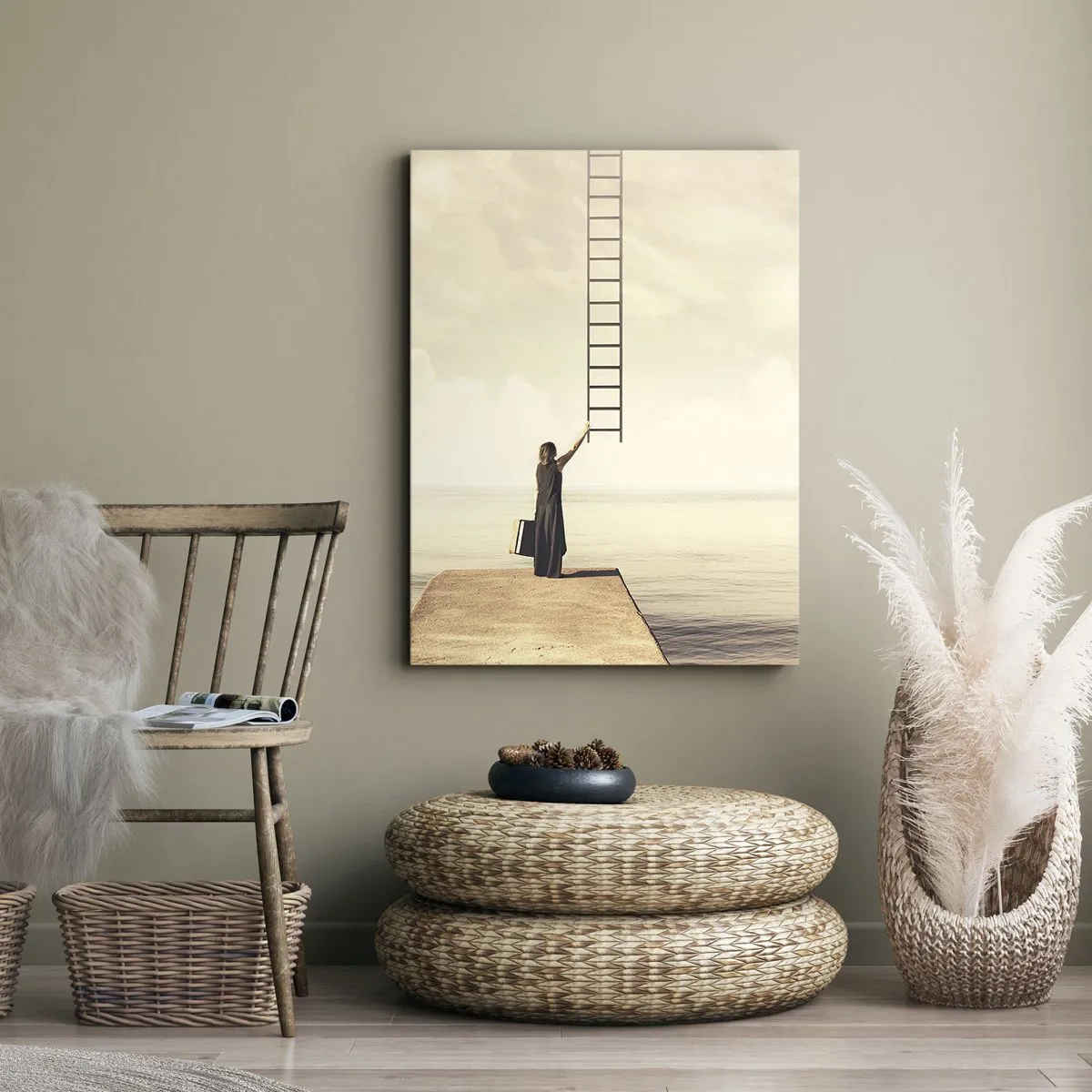 Quadro su tela - Stampe su Tela - Una donna in piedi su un molo con una scala che porta al cielo - 50x70cm - Viaggio magico - Decorazione murale moderna per soggiorno e camera da letto ARTTOR