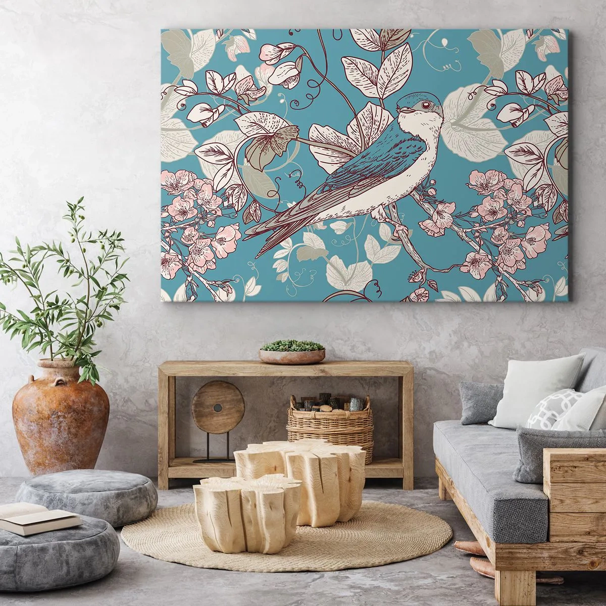 Quadro su tela - Stampe su Tela - Un uccello su un ramo in un delicato stile floreale - 70x50cm - Sul pioppo riflessi e cinguettii - Decorazione murale moderna per soggiorno e camera da letto ARTTOR