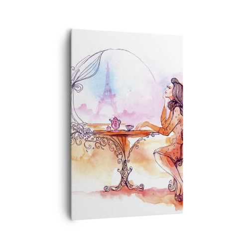 Quadro su tela - Stampe su Tela - Acquerello romantico di una donna in un caffè con vista su una torre - 80x120cm - Chic parigino - Decorazione murale moderna per soggiorno e camera da letto ARTTOR
