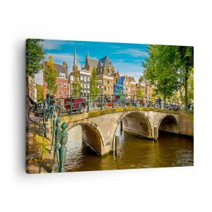Quadro su tela - Stampe su Tela - Un pittoresco canale con un ponte ad Amsterdam - 70x50cm - La primavera sul canale - Decorazione murale moderna per soggiorno e camera da letto ARTTOR
