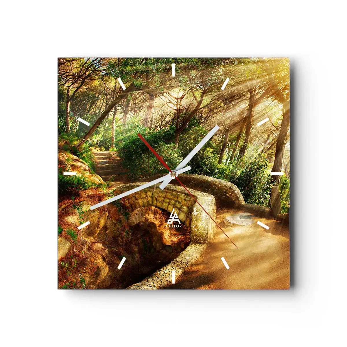 Orologio da parete - Orologio in Vetro - Paesaggio forestale con raggi di sole e un ponte di pietra - 30x30cm - Dal ponte direttamente nel bosco delle fiabe - Decorazione murale moderna per soggiorno e camera da letto ARTTOR