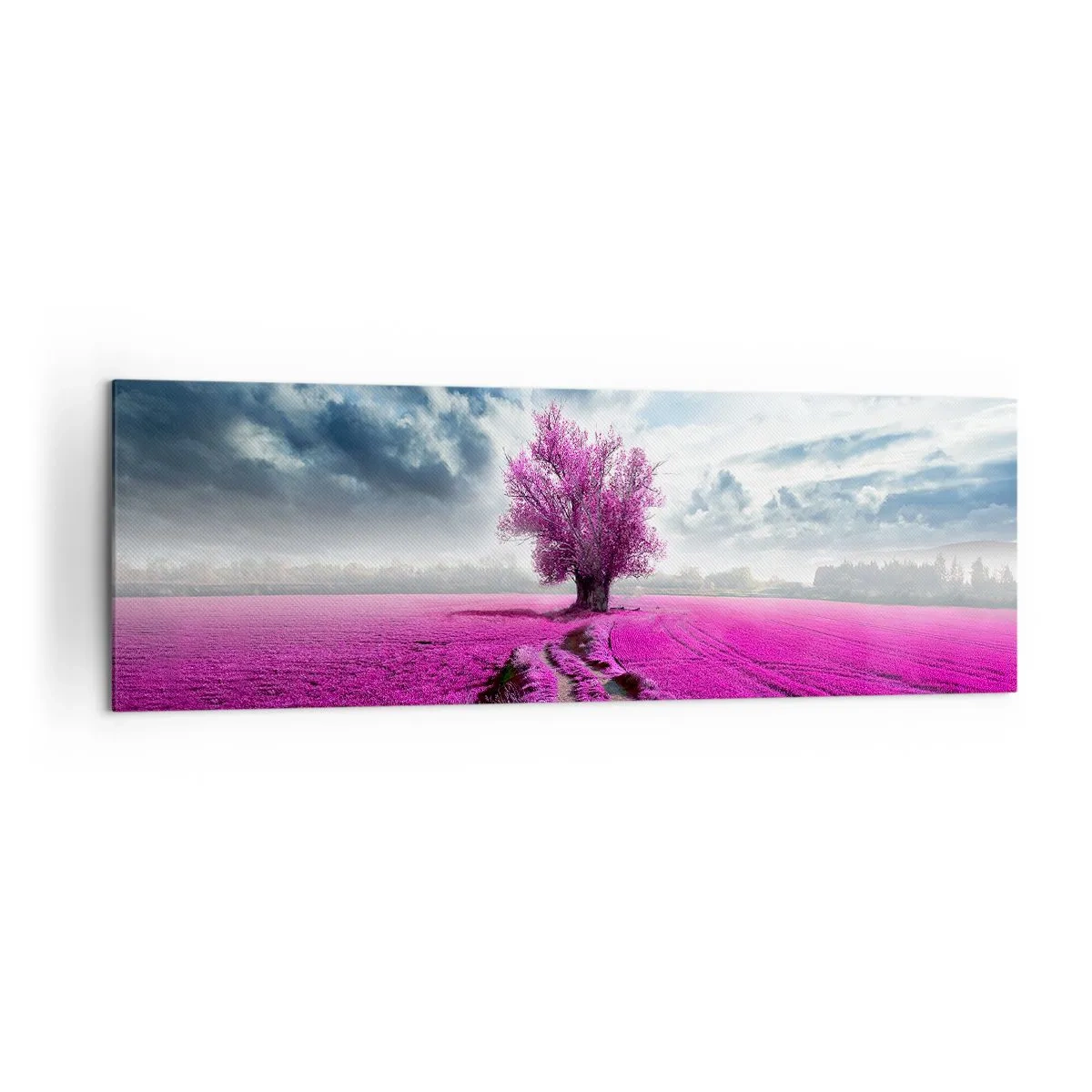 Quadro su tela - Stampe su Tela - Un albero solitario in un campo in una tonalità di rosa intenso - 160x50cm - Brughiera selvatica - Decorazione murale moderna per soggiorno e camera da letto ARTTOR