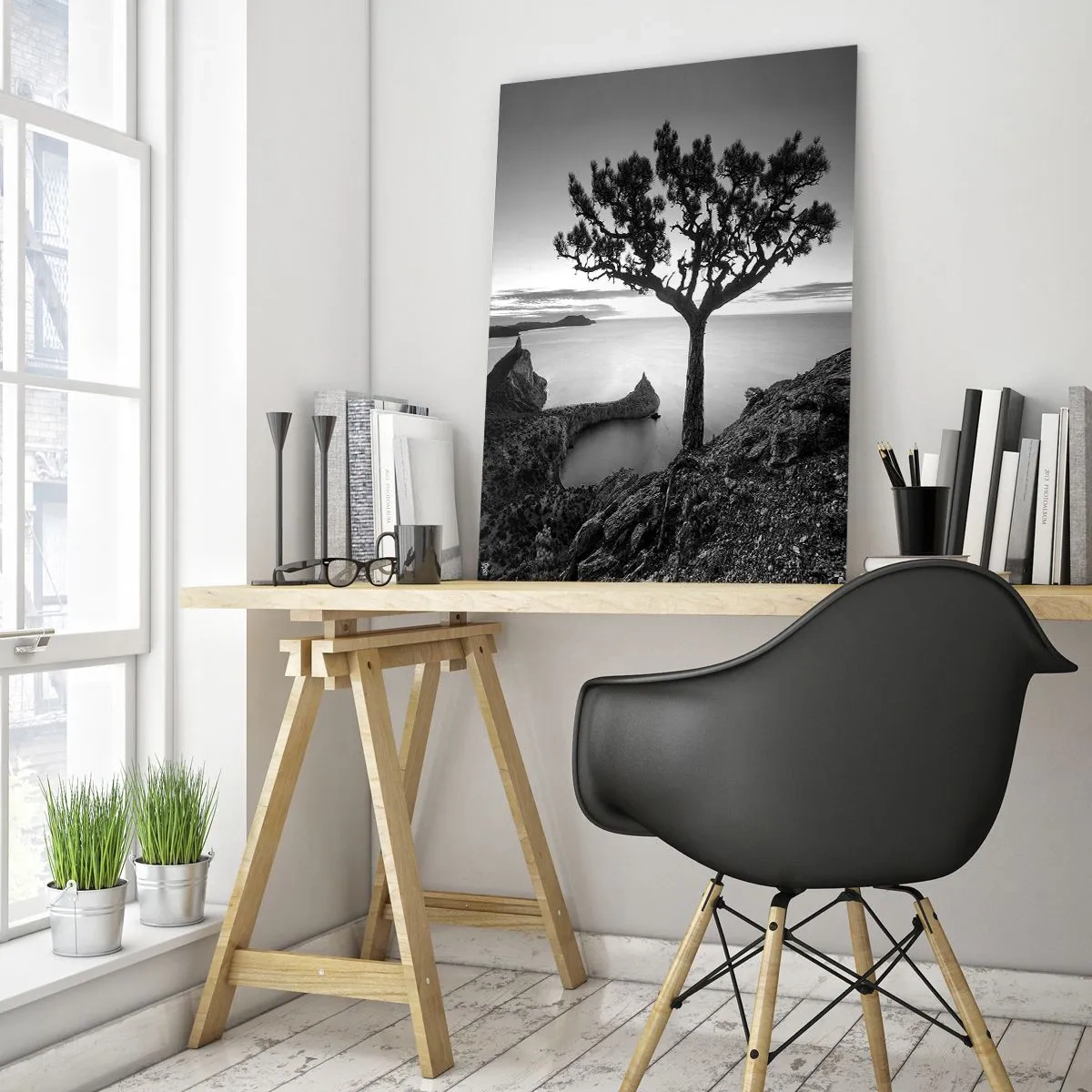 Quadro su vetro - Paesaggio in bianco e nero con un albero solitario su una scogliera a picco sul mare - 70x100cm - Pace fino all'orizzonte - Decorazione murale moderna per soggiorno e camera da letto ARTTOR