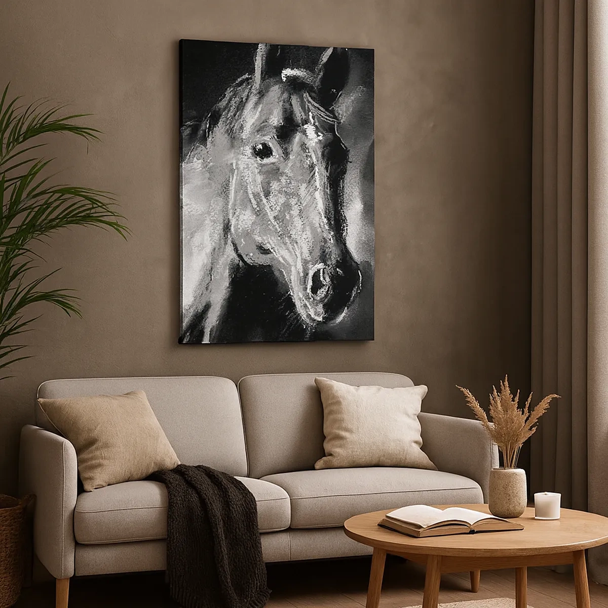 Quadro su tela - Stampe su Tela - Ritratto di un cavallo in uno stile dinamico in bianco e nero - 50x70cm - Splendore di un'anima nobile - Decorazione murale moderna per soggiorno e camera da letto ARTTOR