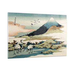 Quadro su vetro - Dipinto di uccelli in un paesaggio giapponese con vista sul Monte Fuji. - 120x80cm - Nello spirito giapponese - Decorazione murale moderna per soggiorno e camera da letto ARTTOR