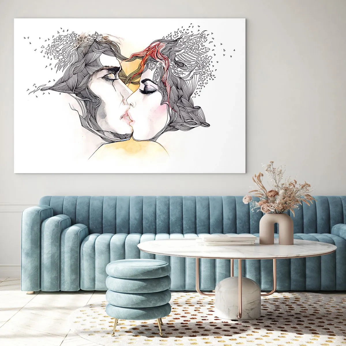 Quadro su vetro - Coppia astratta che si bacia con motivi artistici - 70x50cm - E il mondo scompare - Decorazione murale moderna per soggiorno e camera da letto ARTTOR