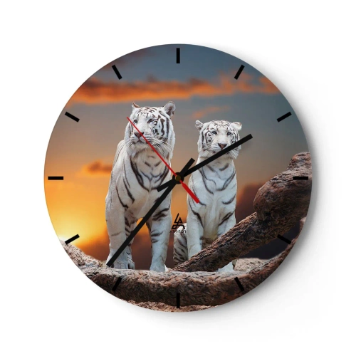 Orologio da parete - Orologio in Vetro - Tigri bianche sullo sfondo del tramonto - 30x30cm - Proprio come a Narnia - Decorazione murale moderna per soggiorno, cucina e camera da letto ARTTOR