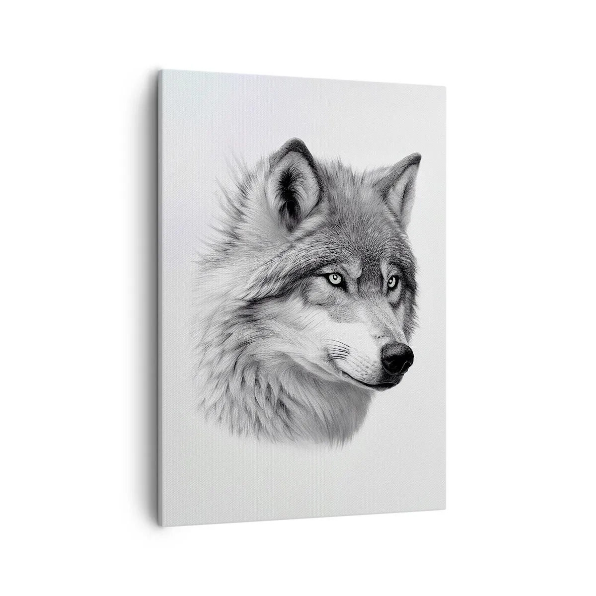 Quadro su tela - Stampe su Tela - Un ritratto realistico di un lupo in tonalità di grigio. - 50x70cm - Alfa, senza dubbio - Decorazione murale moderna per soggiorno e camera da letto ARTTOR
