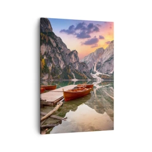 Quadro su tela - Stampe su Tela - Lago di montagna con barche al tramonto - 50x70cm - La promessa del giorno - Decorazione murale moderna per soggiorno e camera da letto ARTTOR