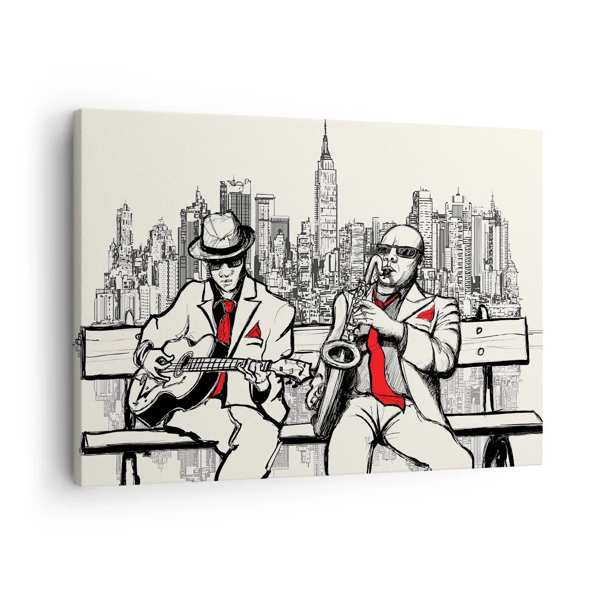 Quadro su tela - Stampe su Tela - Un duo jazz con sassofono e chitarra sullo sfondo della città - 70x50cm - Improvvisare a New York - Decorazione murale moderna per soggiorno e camera da letto ARTTOR
