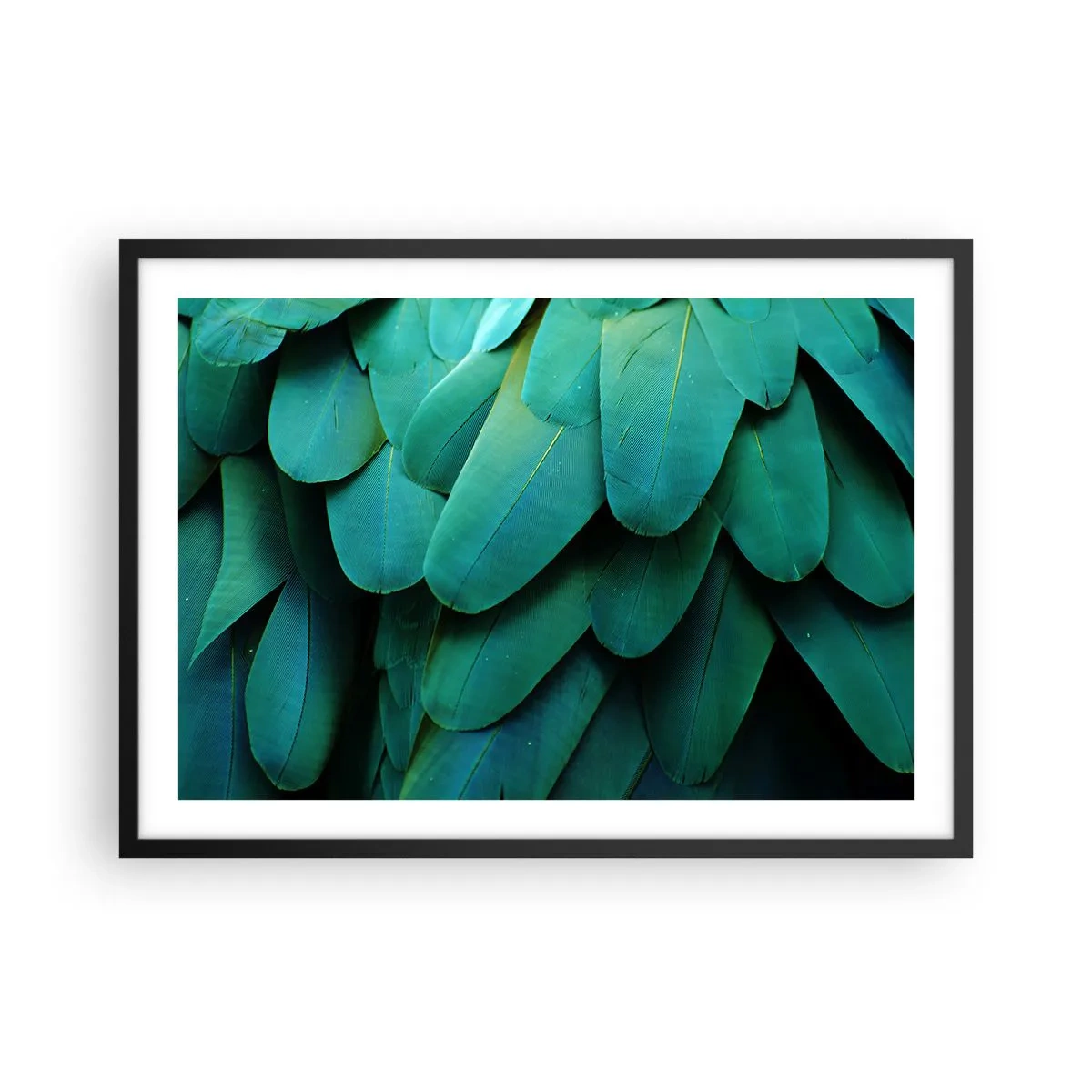 Poster in cornice nera - Dettaglio di piume nei toni del verde - 70x50cm - Precisione da pappagallo - Decorazione murale moderna per soggiorno e camera da letto ARTTOR