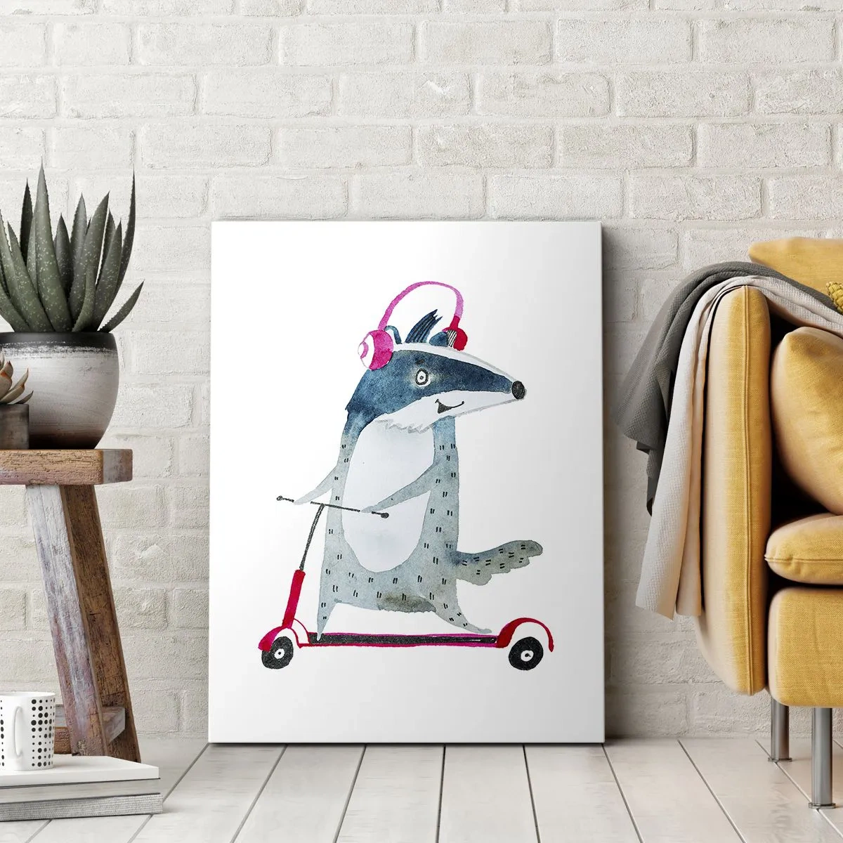 Quadro su tela - Stampe su Tela - Tasso su uno scooter con cuffie rosa - 80x120cm - Tassi di gioia - Decorazione murale moderna per soggiorno e camera da letto ARTTOR