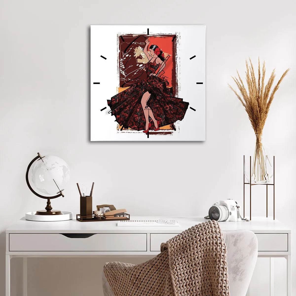 Orologio da parete - Orologio in Vetro - Una ballerina in un abito rosso e nero su uno sfondo artistico - 30x30cm - Al ritmo del cuore - Decorazione murale moderna per soggiorno e camera da letto ARTTOR