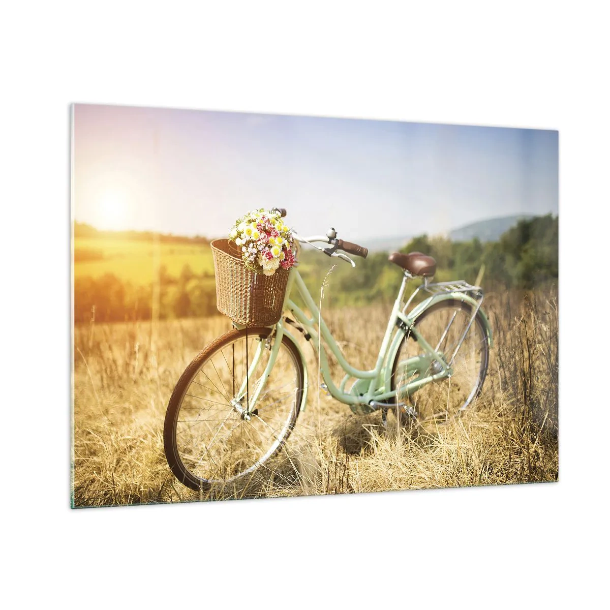 Quadro su vetro - Bicicletta retrò con fiori su sfondo naturale - 100x70cm - Resto qui un attimo - Decorazione murale moderna per soggiorno e camera da letto ARTTOR