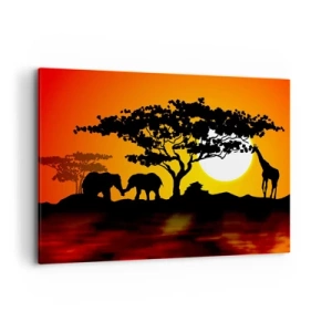 Quadro su tela - Stampe su Tela - Tramonto africano con sagome di elefanti e giraffe sull'acqua - 100x70cm - Incontro nella savana - Decorazione murale moderna per soggiorno e camera da letto ARTTOR