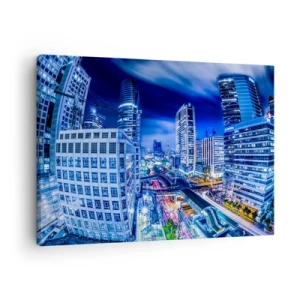 Quadro su tela - Stampe su Tela - Panorama notturno della città con grattacieli e lampioni - 70x50cm - Il ritmo notturno della città - Decorazione murale moderna per soggiorno e camera da letto ARTTOR
